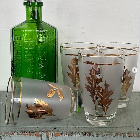 Vintage Drinking Glass Highball Frosted Gold MCM Barware Leaf Libbey Set 4 - Picture 2 of 10